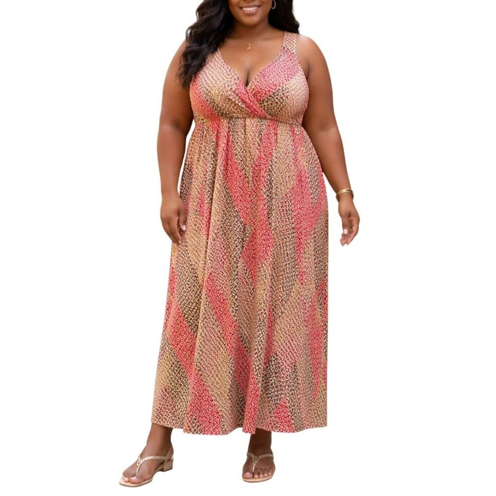 New Directions Size XL Dress Sleeveless V-Neckline Elastic Waist Geometric Print